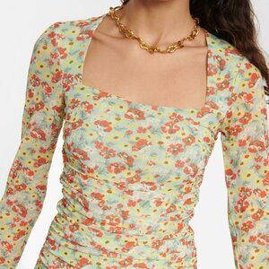 Ganni Floral Ruched Mesh Top. Size Small. Floral Print.